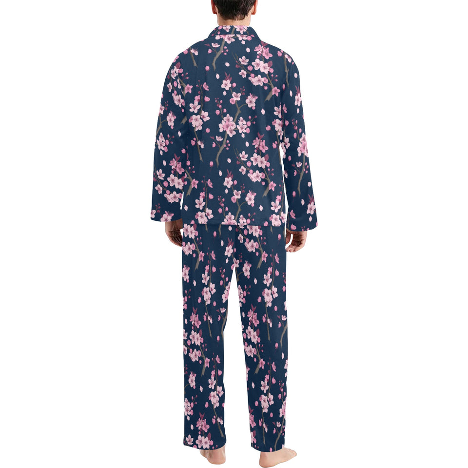 Pink sakura cherry blossom blue background Men's Long Pajama Set