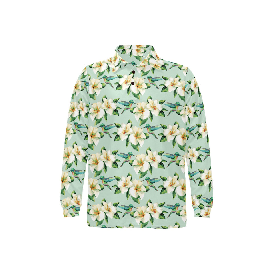 Hummingbird Pattern Print Design 01 Men's Long Sleeve Polo Shirt