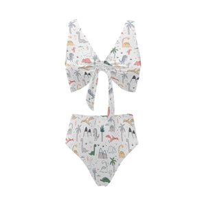 Cute cartoon dinosaurs tree pattern Chest Bowknot High Waisted Bikini Swimsuit