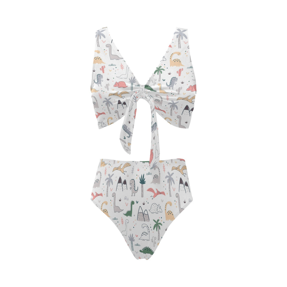 Cute cartoon dinosaurs tree pattern Chest Bowknot High Waisted Bikini Swimsuit