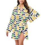 Pineapples pattern striped background Women's Long Sleeve Belted Night Robe