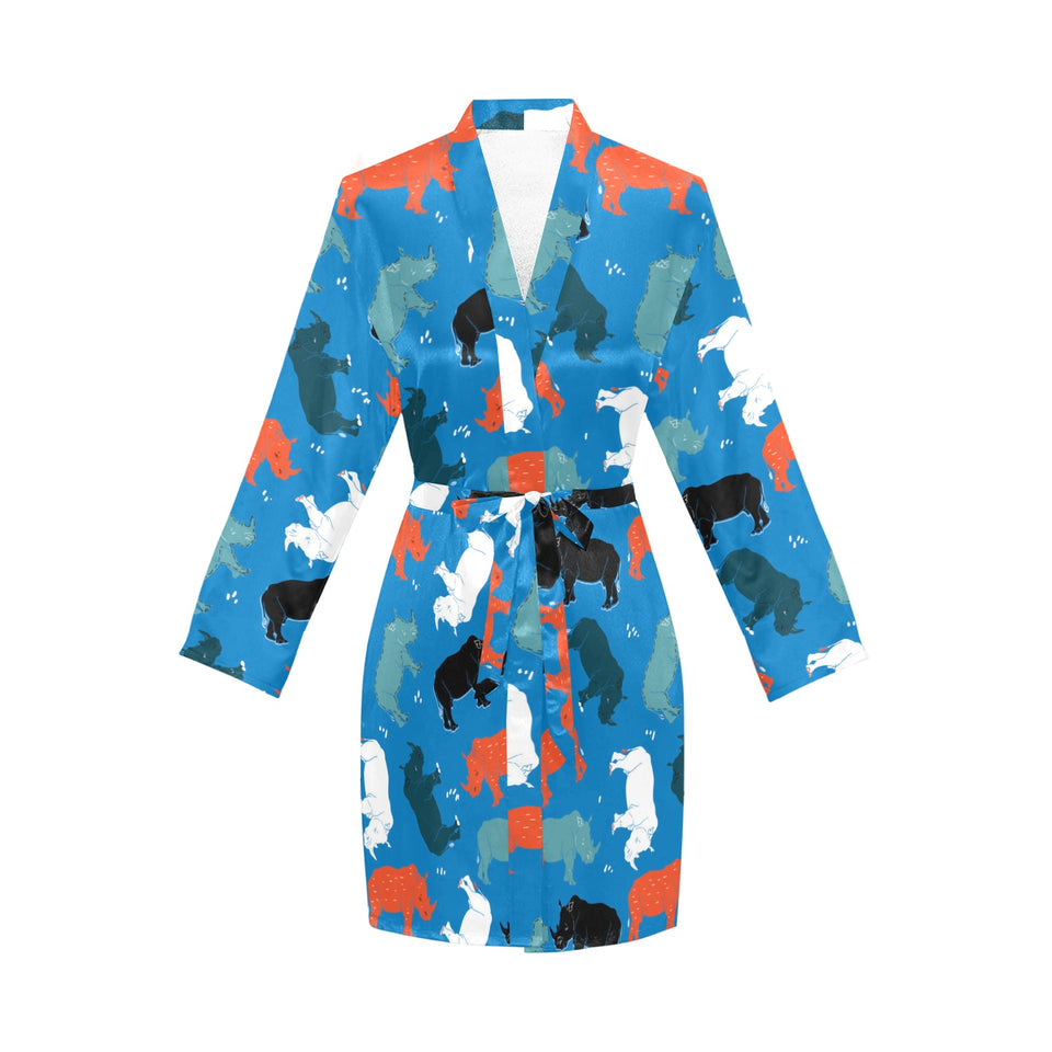 Colorful rhino pattern Women's Long Sleeve Belted Night Robe