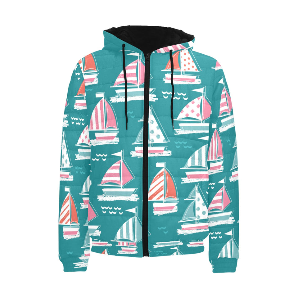 Cute sailboat pattern Men's Padded Hooded Jacket