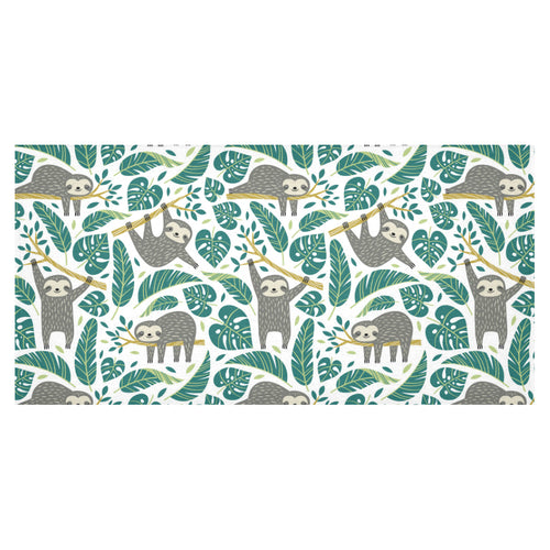 Cute sloths tropical palm leaves white background Tablecloth