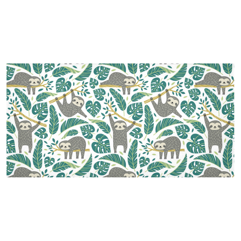 Cute sloths tropical palm leaves white background Tablecloth