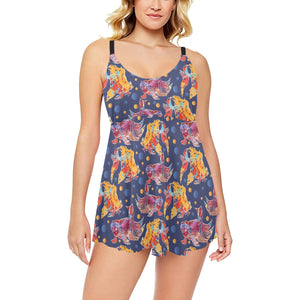 Goldfish Pattern Print Design 05 Chest Sexy Pleated Two Piece Swim Dress