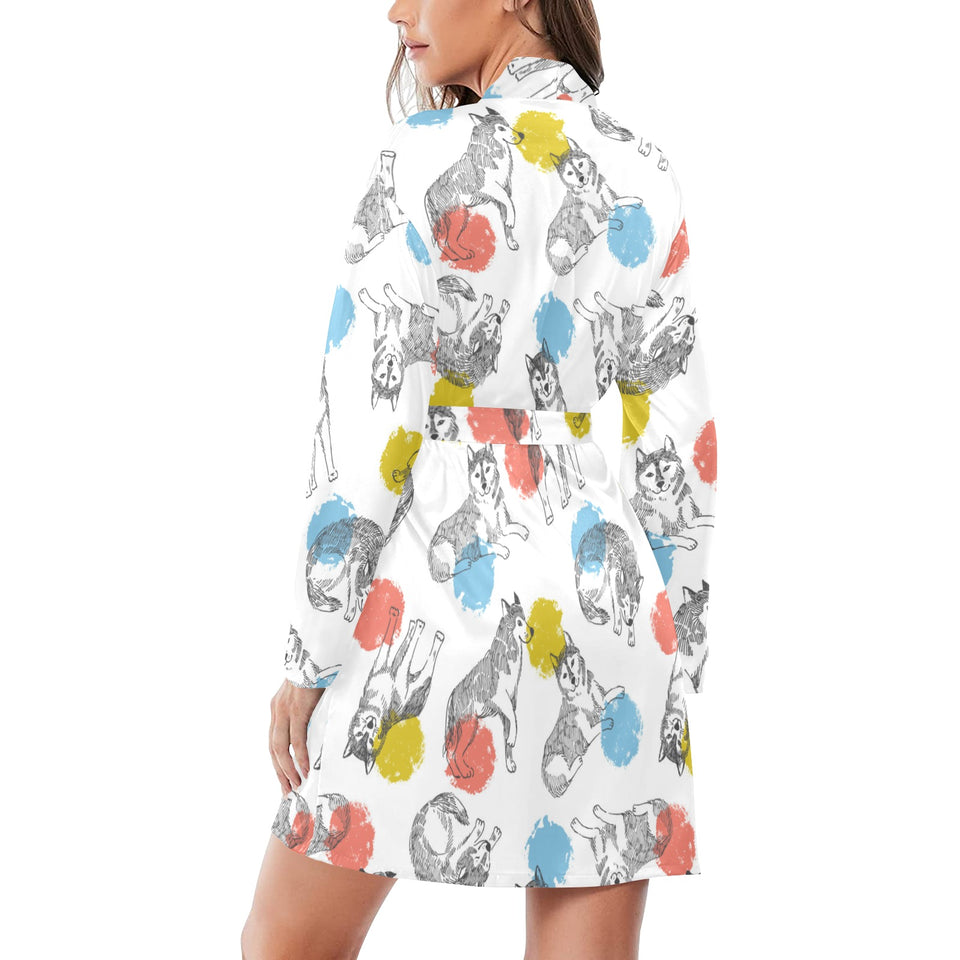 Siberian husky and colorful circle pattern Women's Long Sleeve Belted Night Robe