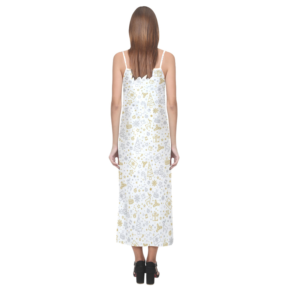 Christmas tree Christmas element Silver gold patte V-Neck Open Fork Long Dress