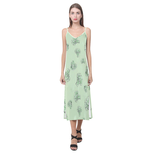broccoli sketch pattern V-Neck Open Fork Long Dress