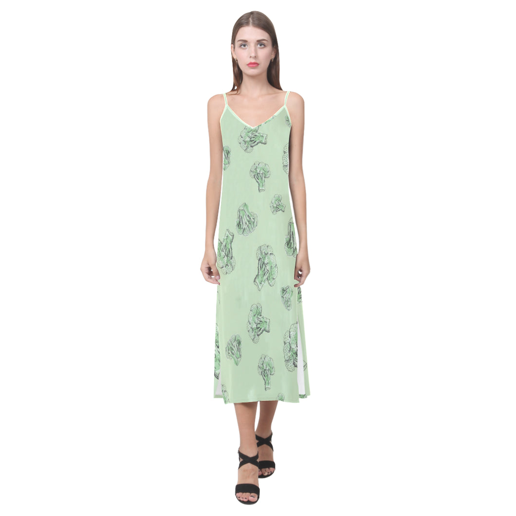 broccoli sketch pattern V-Neck Open Fork Long Dress