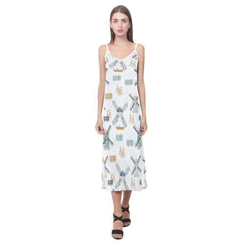 windmill pattern V-Neck Open Fork Long Dress