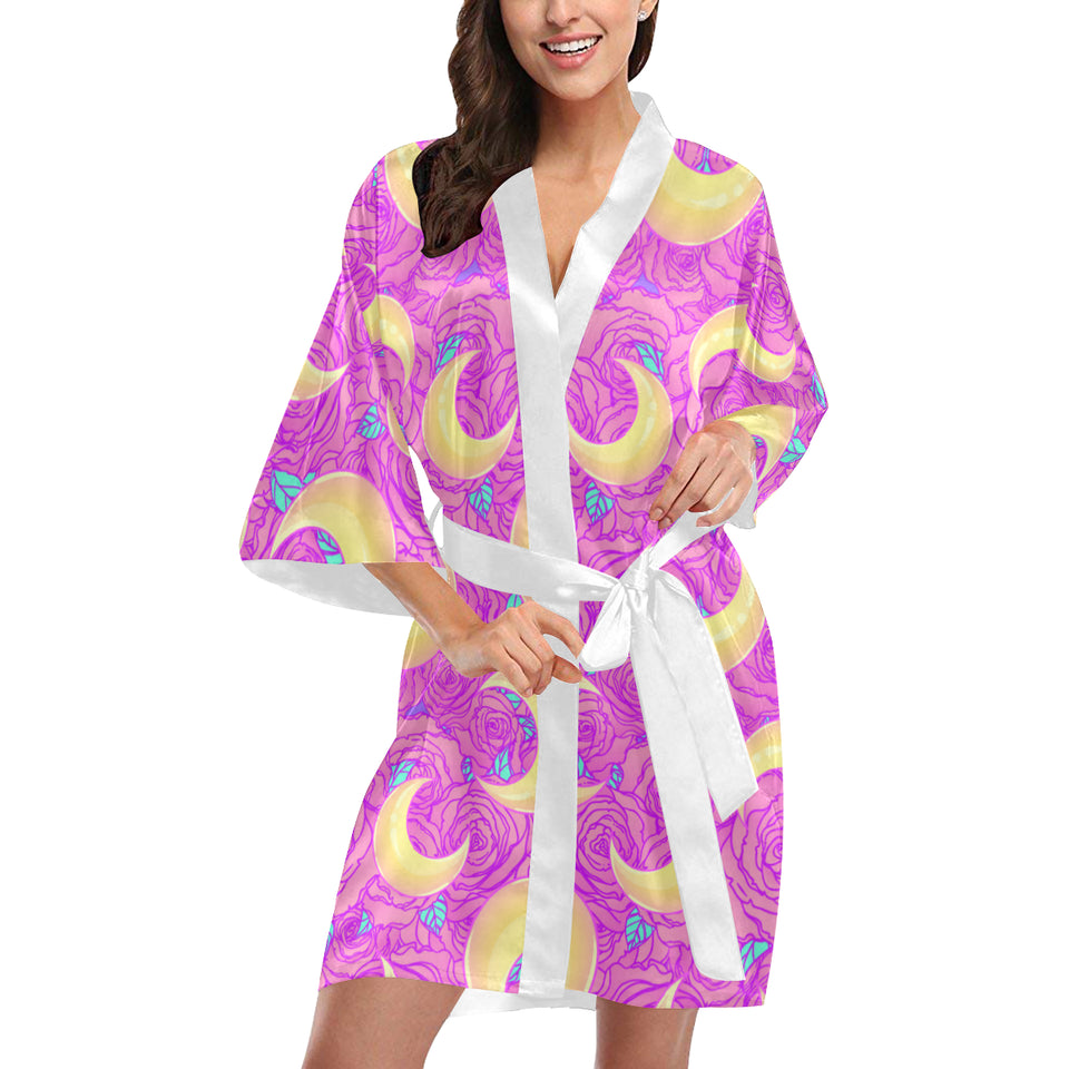 Moon pink rose background Women's Short Kimono Robe