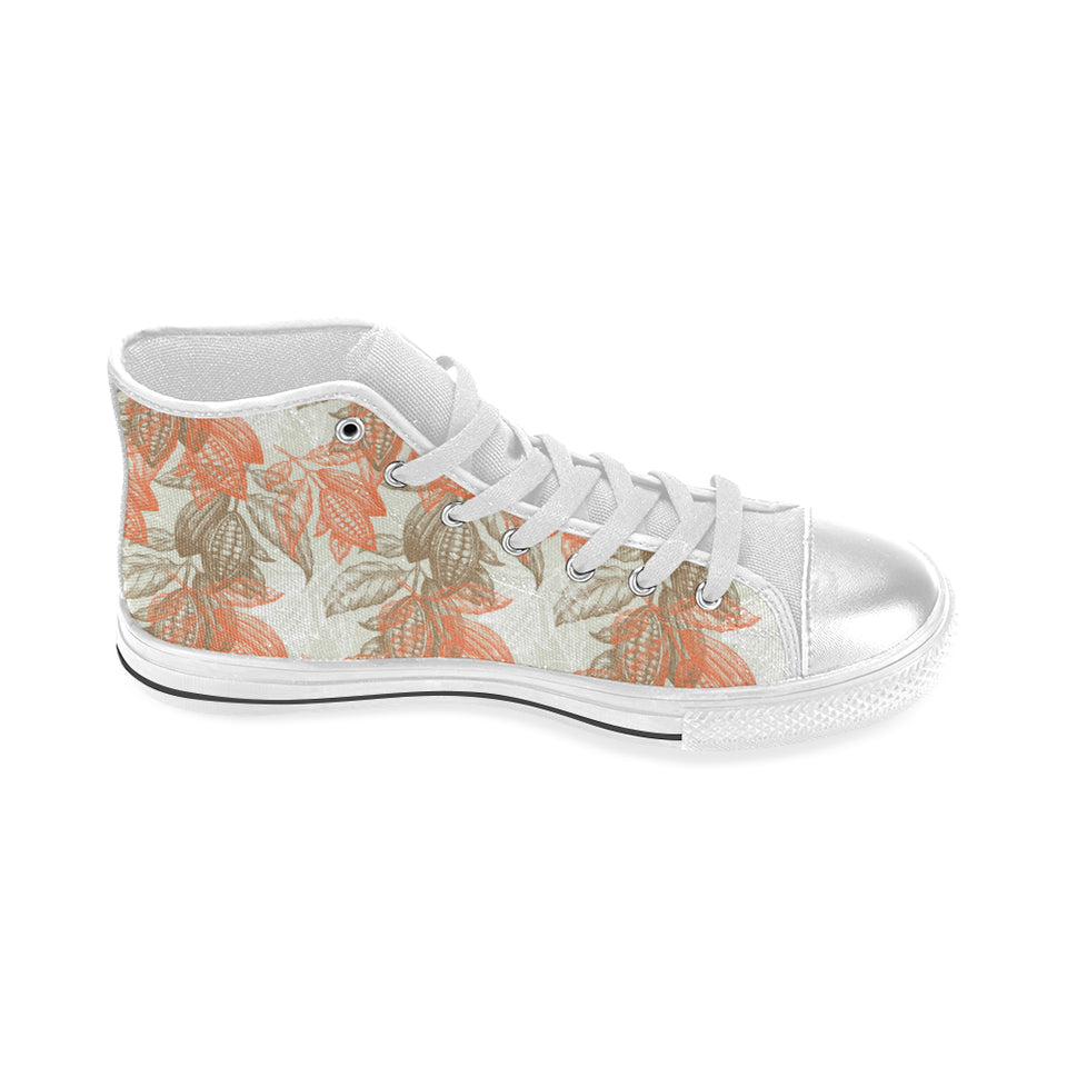 Cocoa beans Cocoa tree pattern Women's High Top Canvas Shoes White