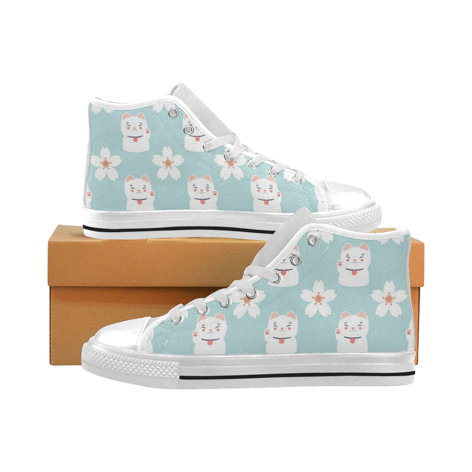 Maneki neko cat sakura Men's High Top Canvas Shoes White