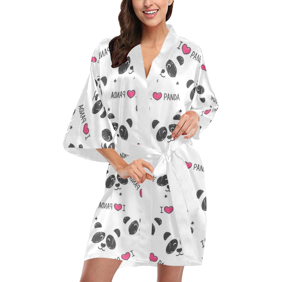 Hand Drawn faces of pandas pattern Women's Short Kimono Robe