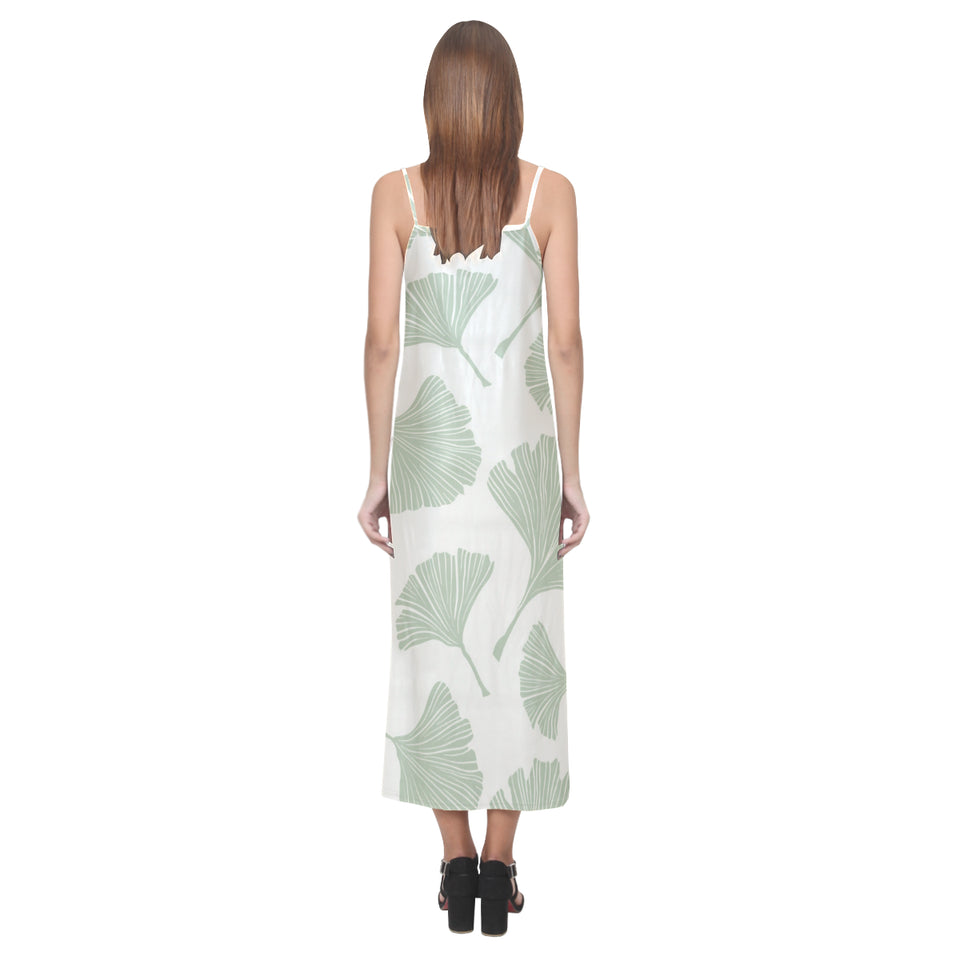 Ginkgo leaves pattern V-Neck Open Fork Long Dress