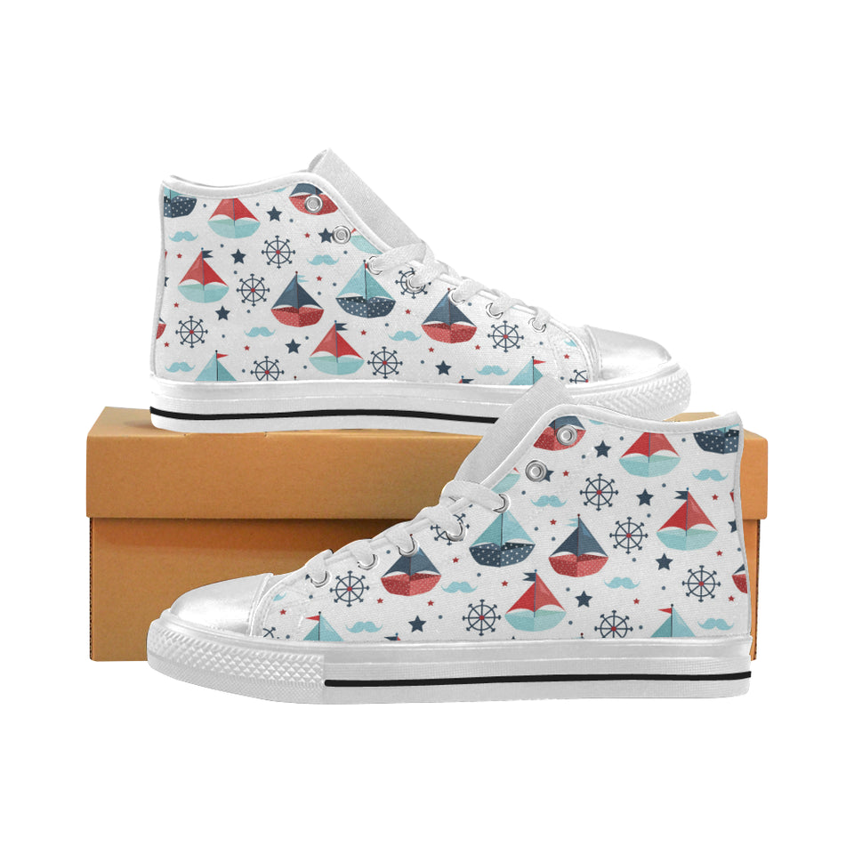 Cute color paper sailboat pattern Women's High Top Canvas Shoes White