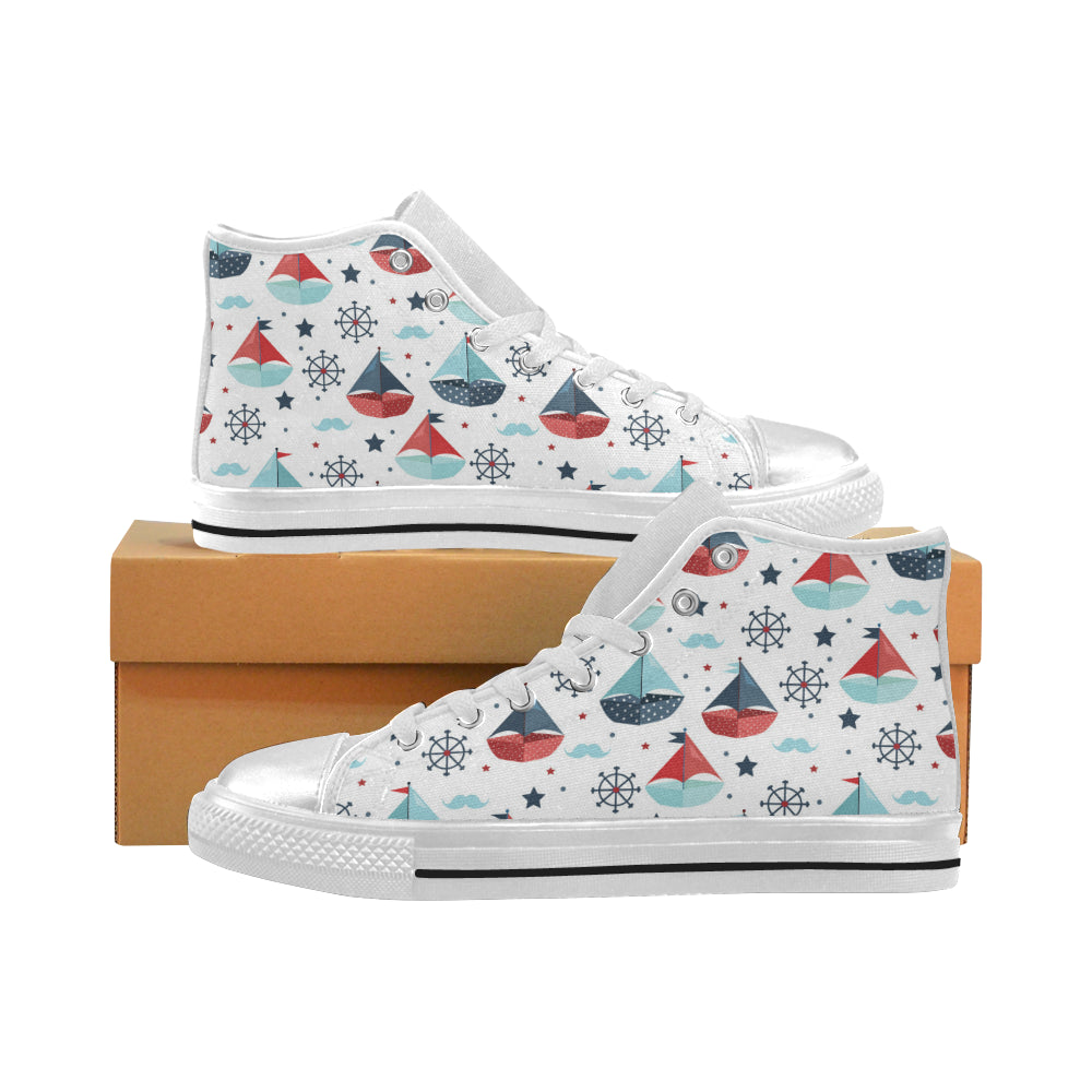 Cute color paper sailboat pattern Women's High Top Canvas Shoes White