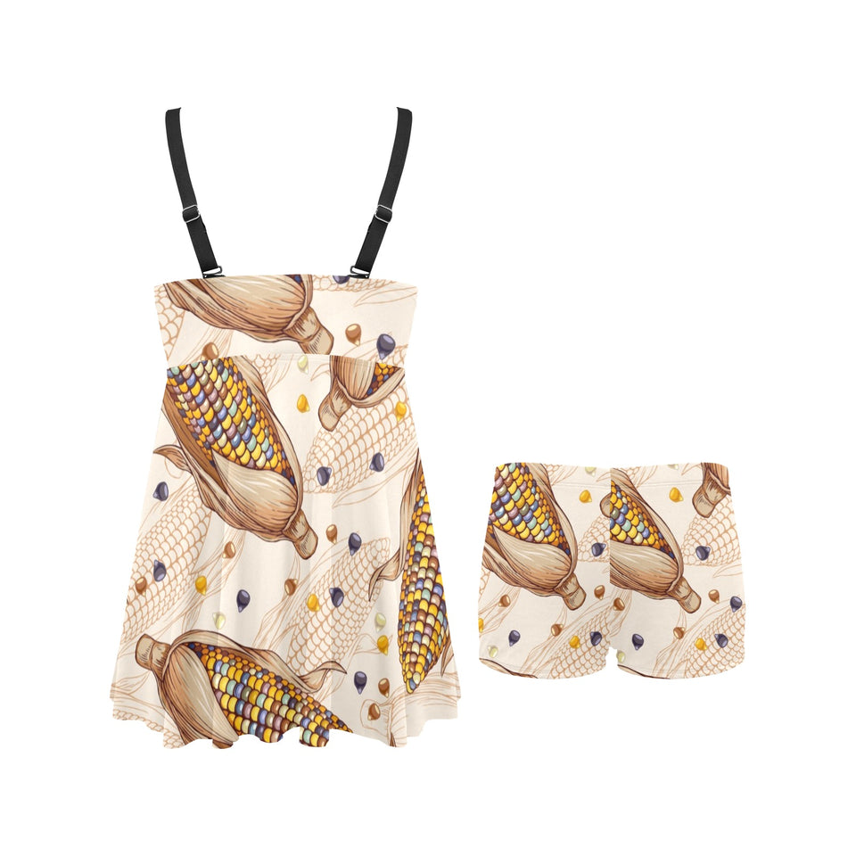 Corn Pattern Print Design 03 Chest Sexy Pleated Two Piece Swim Dress