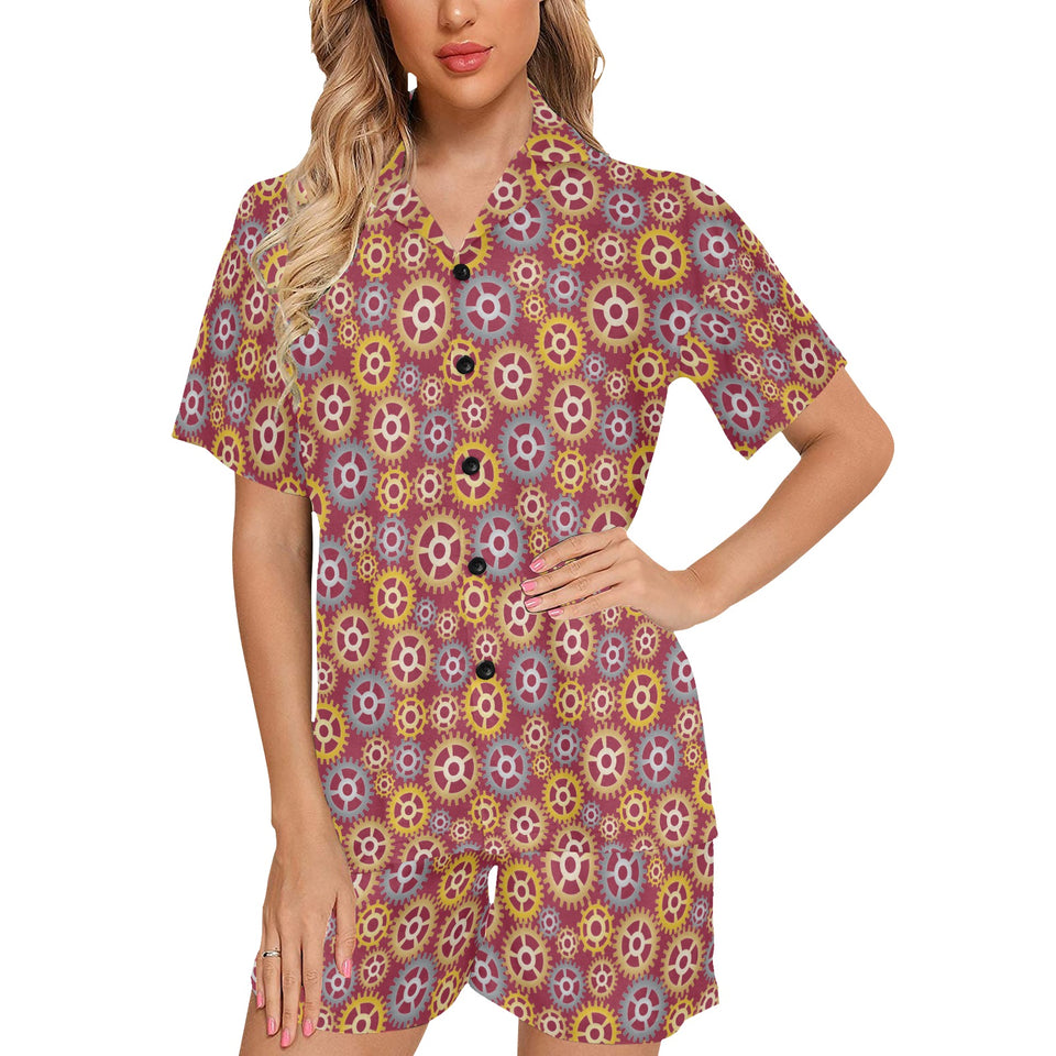 Gear Pattern Print Design 04 Women's V-Neck Short Pajama Set