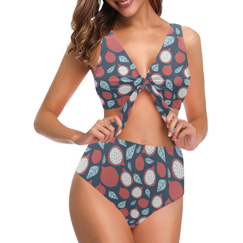 dragon fruits dark blue background Chest Bowknot High Waisted Bikini Swimsuit