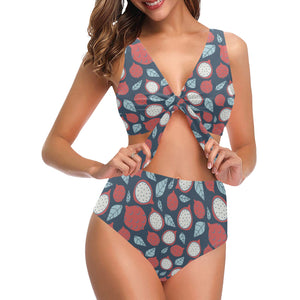 dragon fruits dark blue background Chest Bowknot High Waisted Bikini Swimsuit