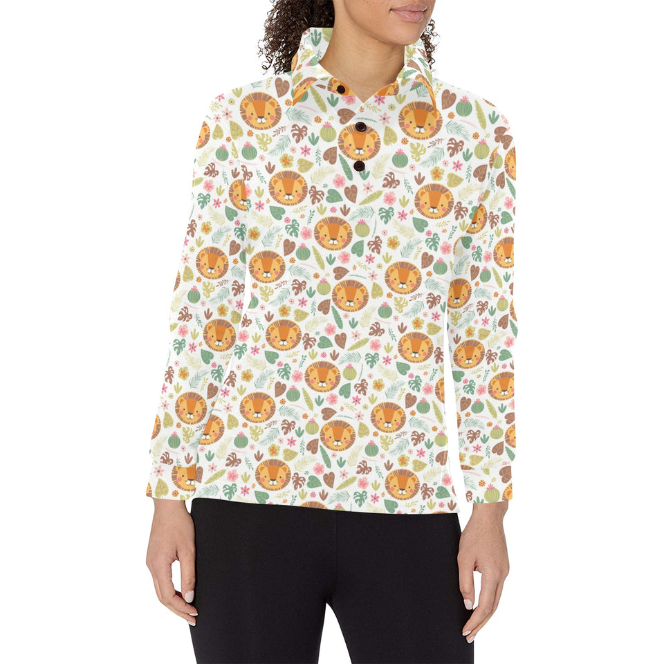 Lion Pattern Print Design 04 Women's Long Sleeve Polo Shirt