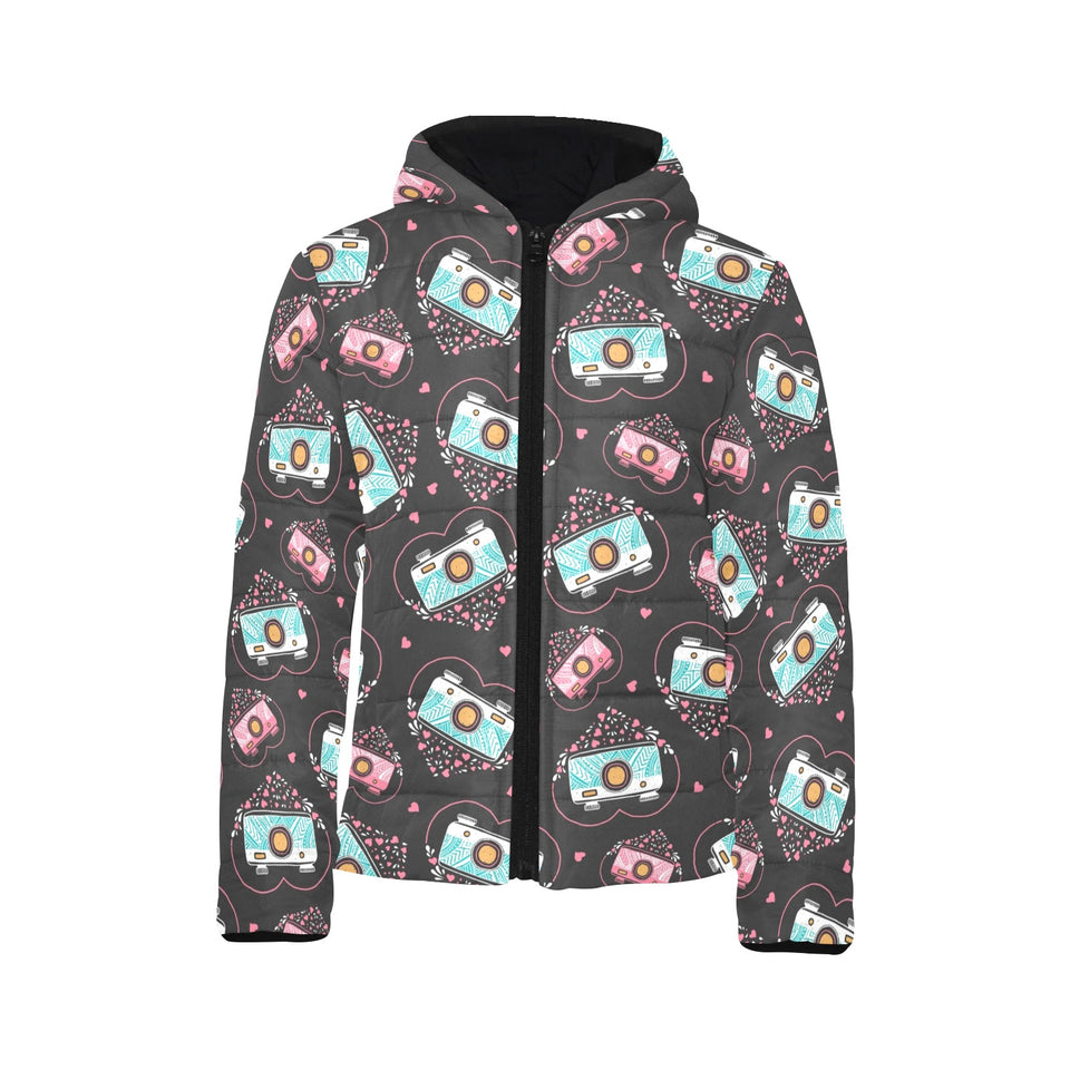 Camera Pattern Print Design 04 Kids' Boys' Girls' Padded Hooded Jacket