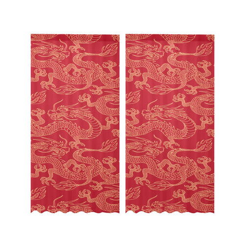 Gold dragons red background Gauze Curtain