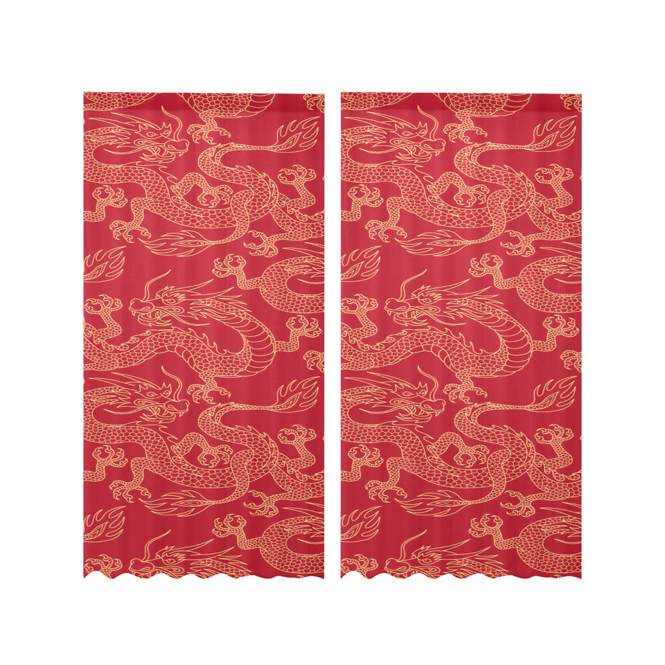 Gold dragons red background Gauze Curtain