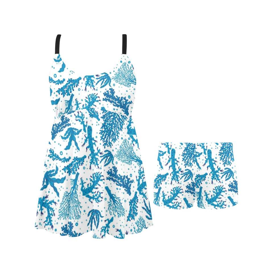 Coral Reef Pattern Print Design 01 Chest Sexy Pleated Two Piece Swim Dress