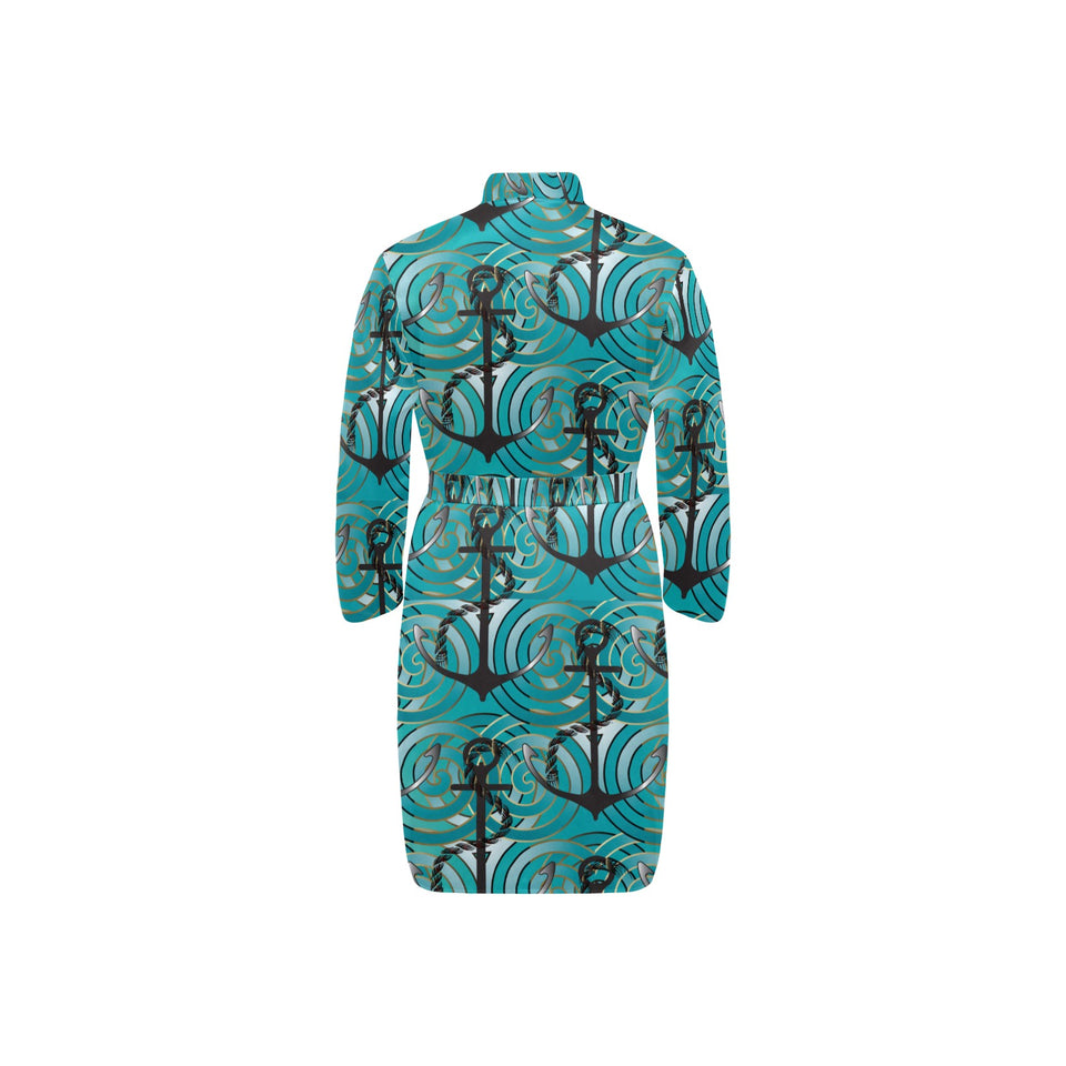 Anchor nautical green background Men's Long Sleeve Belted Night Robe