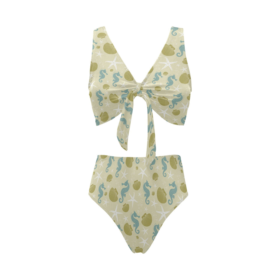 Seahorse shell starfish pattern background Chest Bowknot High Waisted Bikini Swimsuit