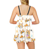 Cute dog corgi striped background pattern Chest Sexy Pleated Two Piece Swim Dress