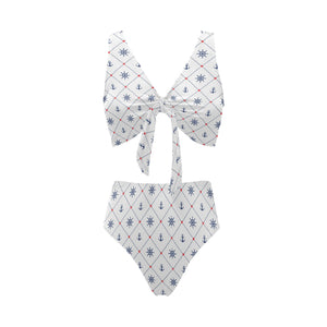 Anchor rudder nautical design pattern Chest Bowknot High Waisted Bikini Swimsuit