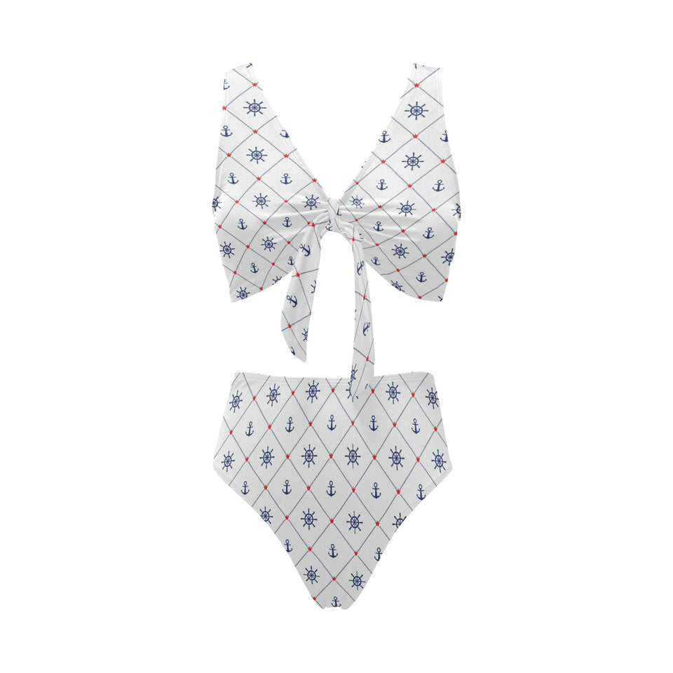 Anchor rudder nautical design pattern Chest Bowknot High Waisted Bikini Swimsuit