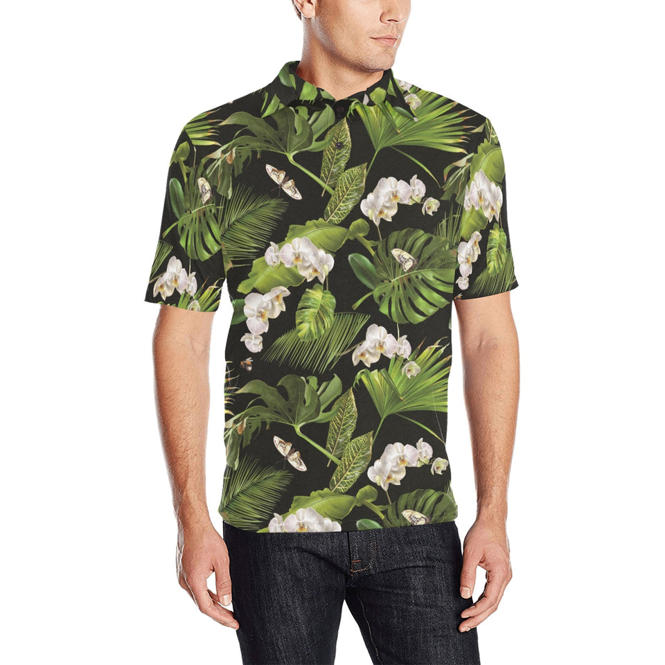 White orchid flower tropical leaves pattern blackg Men's All Over Print Polo Shirt