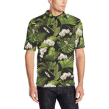 White orchid flower tropical leaves pattern blackg Men's All Over Print Polo Shirt