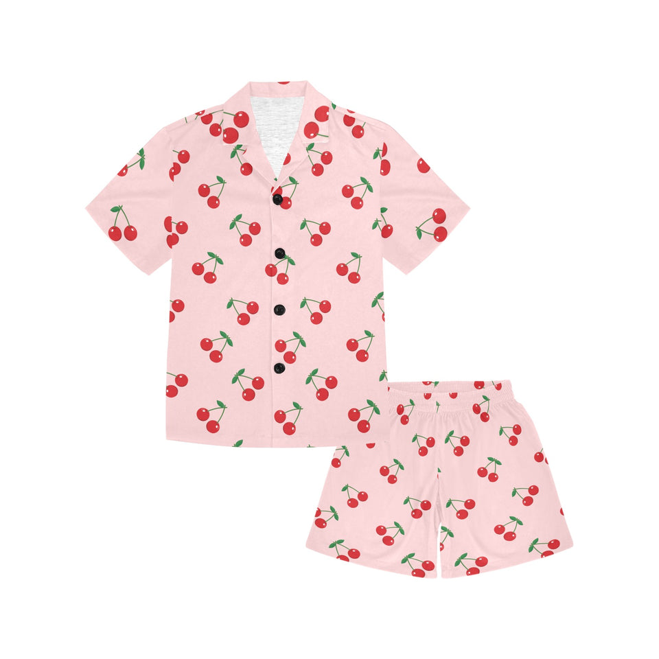cherry pattern pink background Kids' Boys' Girls' V-Neck Short Pajama Set