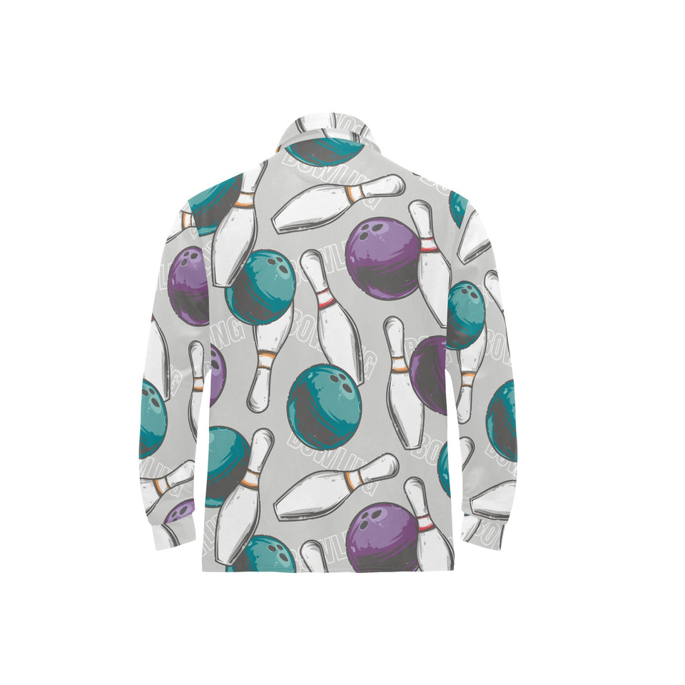 Bowling ball and pin gray background Men's Long Sleeve Polo Shirt