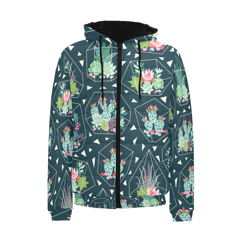 Cactus glass terrarium pattern Men's Padded Hooded Jacket