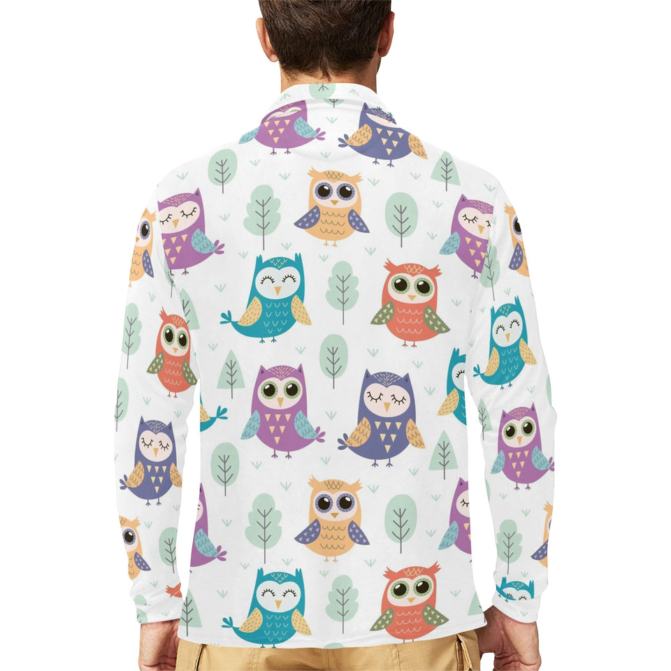 Cute owl pattern Men's Long Sleeve Polo Shirt