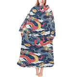 Blue red dragon cloud pattern Blanket Robe with Sleeves