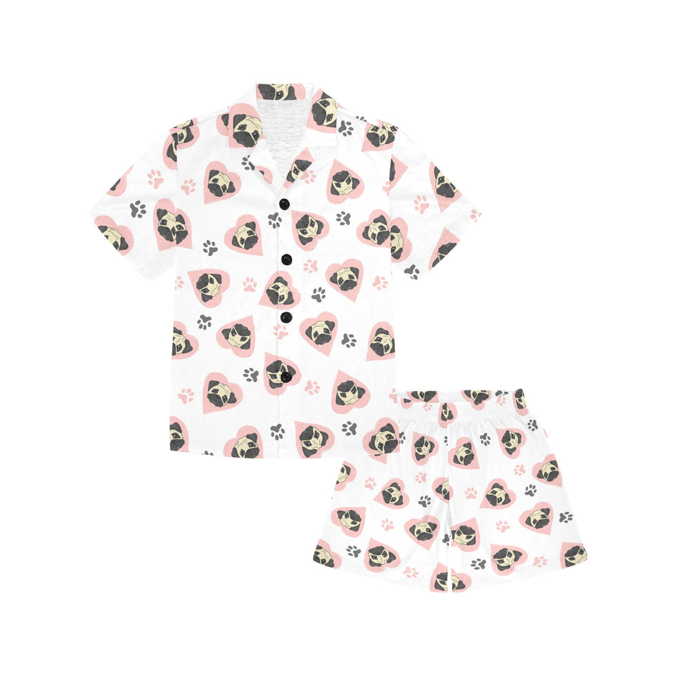 Cute pugs pink heart paw pattern Kids' Boys' Girls' V-Neck Short Pajama Set