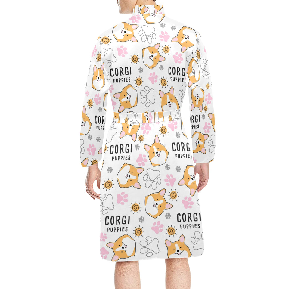 Corgi Dog Pattern Men's Long Sleeve Belted Night Robe