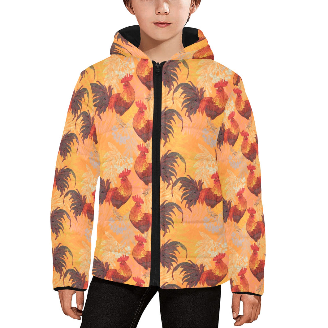 red rooster chicken cock pattern Kids' Boys' Girls' Padded Hooded Jacket