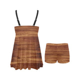 Wood Printed Pattern Print Design 04 Chest Sexy Pleated Two Piece Swim Dress