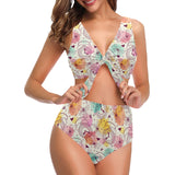 Clock butterfly pattern Chest Bowknot High Waisted Bikini Swimsuit