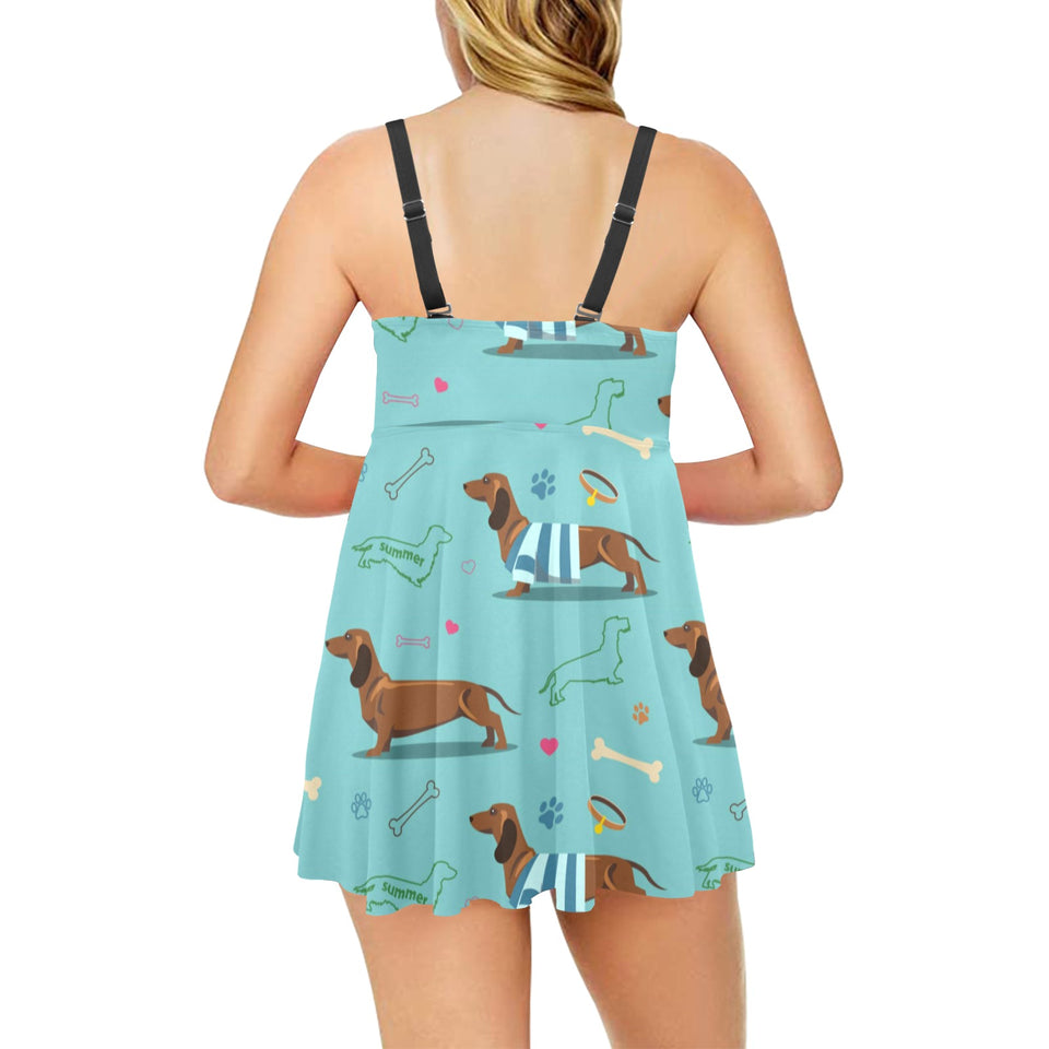 Dachshund decorative background Chest Sexy Pleated Two Piece Swim Dress