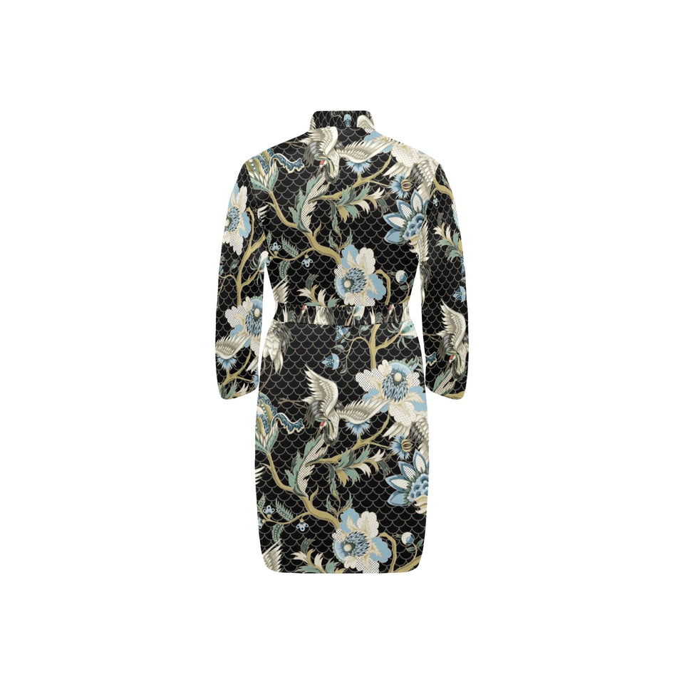 Japanese crane ornament elements Men's Long Sleeve Belted Night Robe